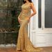 Women's Clothing New Fashion V Neck Hip Wrapped Sequined Mid Waist Off Shoulder Small Tail Long Evening Dress_ecoleips.com