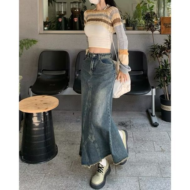 Verve Trendy Spring And Autumn New High-Waisted Denim Midi For Women, Versatile Slimming Plus Size Ruffled Bodycon Fishtail_ecoleips.com