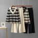 Women's Autumn New Arrival Collared Color Blocked Striped Two Piece Set Long Sleeved Knit Top And Wide Leg Pants Casual Versatile Design_ecoleips.com
