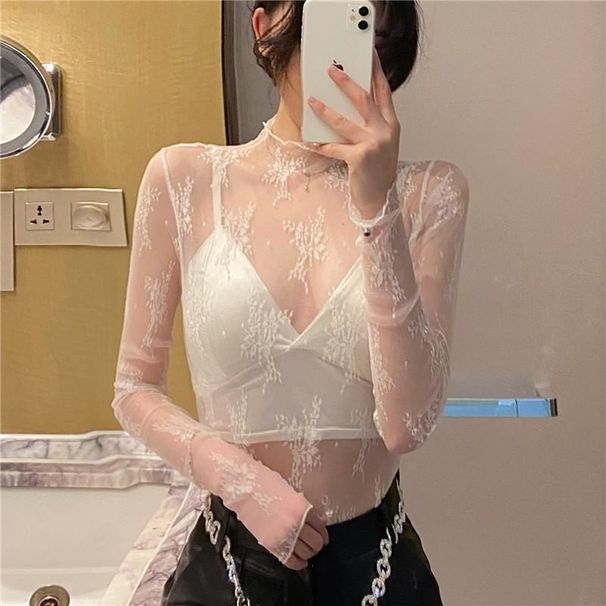 Women's Clothing White Half High Collar Lace Bottoming Shirt For Women Spring And Autumn 2025 New Style Inner Wear Tulle Thin Mesh Top_ecoleips.com
