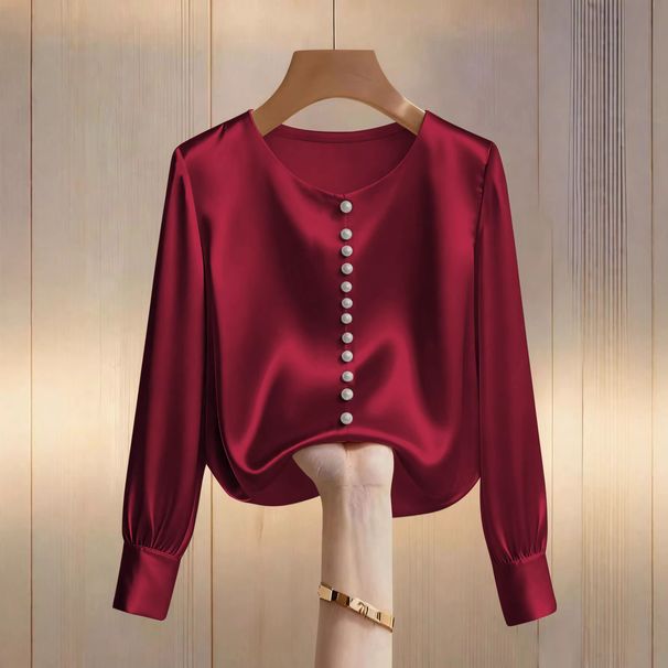 Women's Solid Color Beaded Blouse – Elegant Round Neck Long Sleeve Top For Work & Casual (Black/White/Wine/Beige)_ecoleips.com