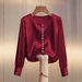 Women's Solid Color Beaded Blouse – Elegant Round Neck Long Sleeve Top For Work & Casual (Black/White/Wine/Beige)_ecoleips.com