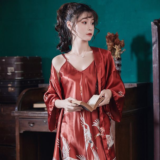 Voya 2020 New Women's Pajamas Spring And Autumn Silk-like Printed Pajama Set Crane Sexy Morning Robe_ecoleips.com