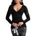 European And American Cross-border 2026 Autumn Solid Color Cross-stitch Lace Sleeve T-shirt, Slim-fit Top For Women With_ecoleips.com