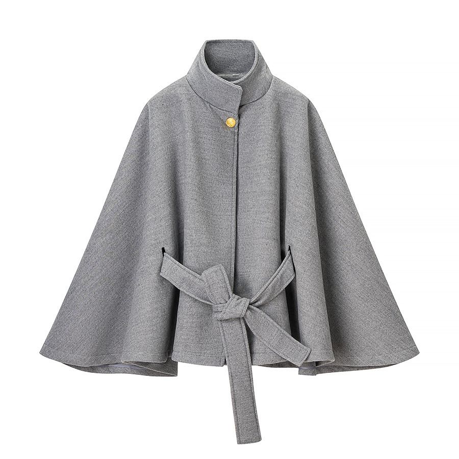 Women's Fashionable Elegant Woolen Jacket Coat With Metal Buckle Belt Cape Autumn Winter_ecoleips.com