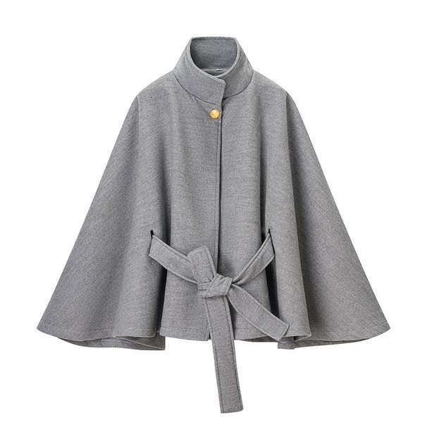 Women's Fashionable Elegant Woolen Jacket Coat With Metal Buckle Belt Cape Autumn Winter_ecoleips.com