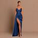 Women's Clothing Elegant Evening Gown Slim Fit V Waist Satin Slit Transparent Shoulder Strap Sexy Women's Party Wear_ecoleips.com