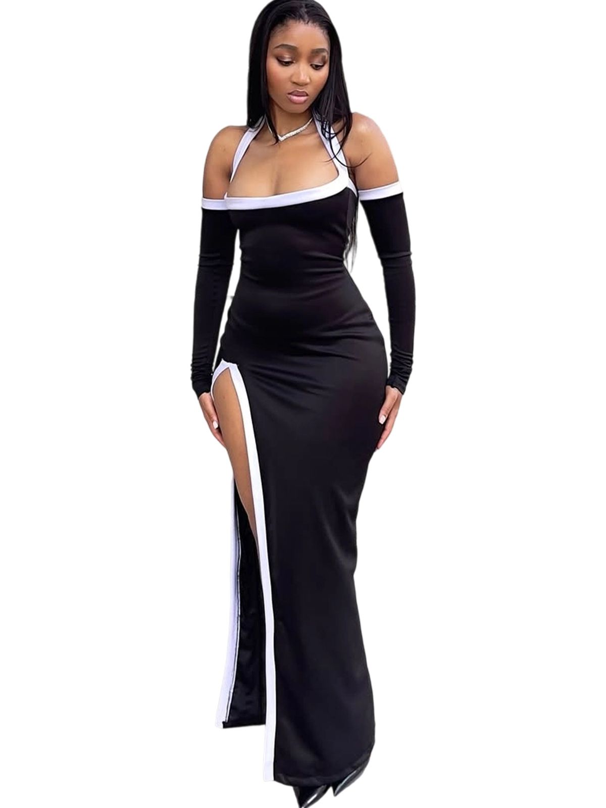 Summer Fashion High Slit Halter Neck Dress White Trim Hollow Out For Women_ecoleips.com