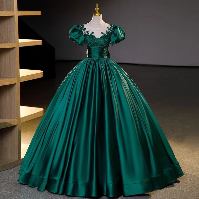 Women's Clothing Emerald Green V-Neck Ball Gown With 3D Floral Appliques – Elegant Polyester Evening Dress For Galas, Vocal Recitals & Corporate_ecoleips.com