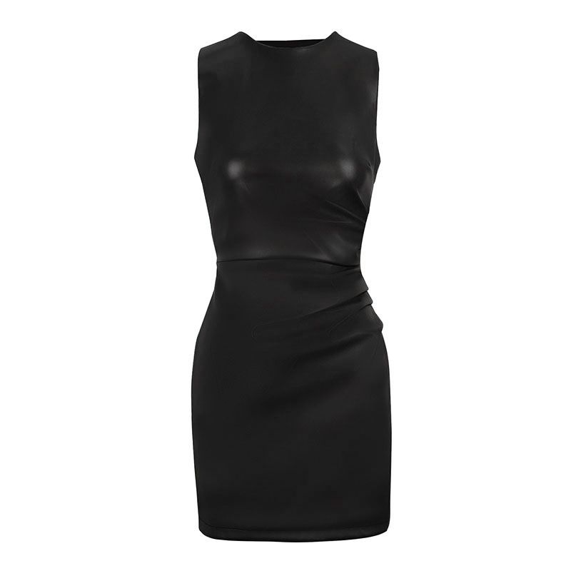 AD011 Cross-Border European And American Fashion Sexy Slim-Fit PU Leather Round-Neck Sleeveless Bodycon Dress_ecoleips.com