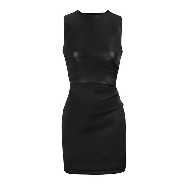 AD011 Cross-Border European And American Fashion Sexy Slim-Fit PU Leather Round-Neck Sleeveless Bodycon Dress_ecoleips.com