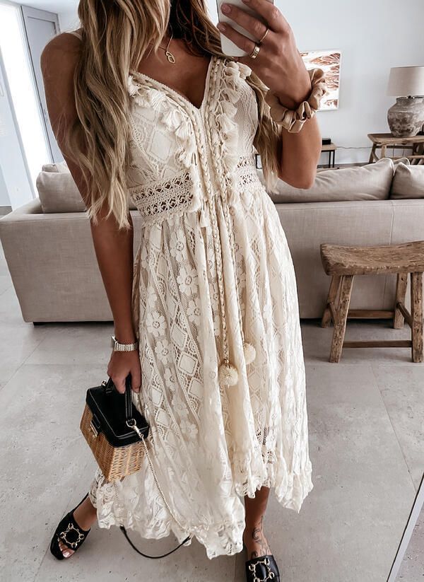 Women's Summer Lace Camisole Long Dress Full Swing Solid Color Sunscreen Beach Dress New Style_ecoleips.com