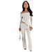 GL6706 Women's Fashion Small Ribbed Irregular Off-Shoulder Lapel Waist Flared Pants Two-Piece Set_ecoleips.com