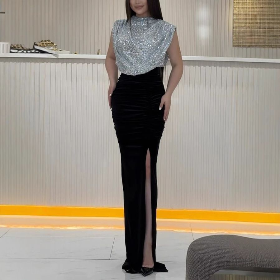 Women's Clothing Spring Autumn Sequin Patchwork Slit Dress For Women Sleeveless Casual Party Dress For Formal & Casual For Women_ecoleips.com
