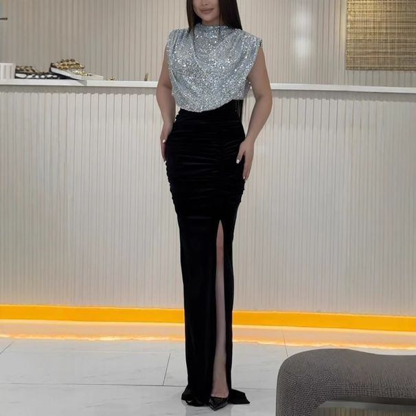 Women's Clothing Spring Autumn Sequin Patchwork Slit Dress For Women Sleeveless Casual Party Dress For Formal & Casual For Women_ecoleips.com