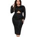 Women's Clothing Navel Exposed One Piece Hip Skirt Women New Round Neck Long Sleeve Slit Dress_ecoleips.com