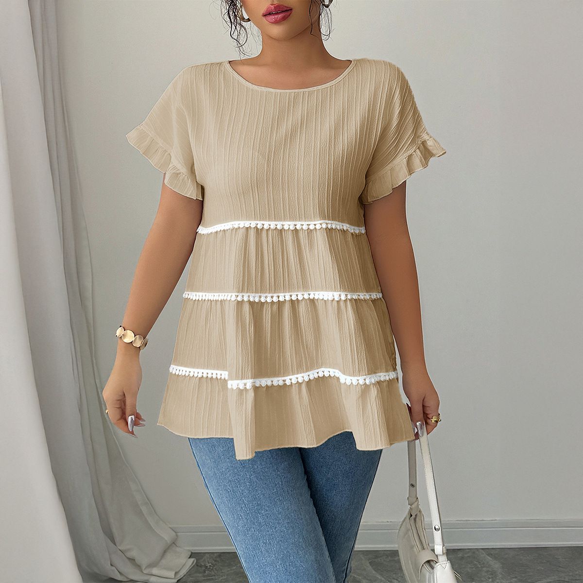 DiYun European And American Elegant Versatile Round Neck Short Sleeve Blouse Women's Clothing 2025 Autumn/Winter_ecoleips.com