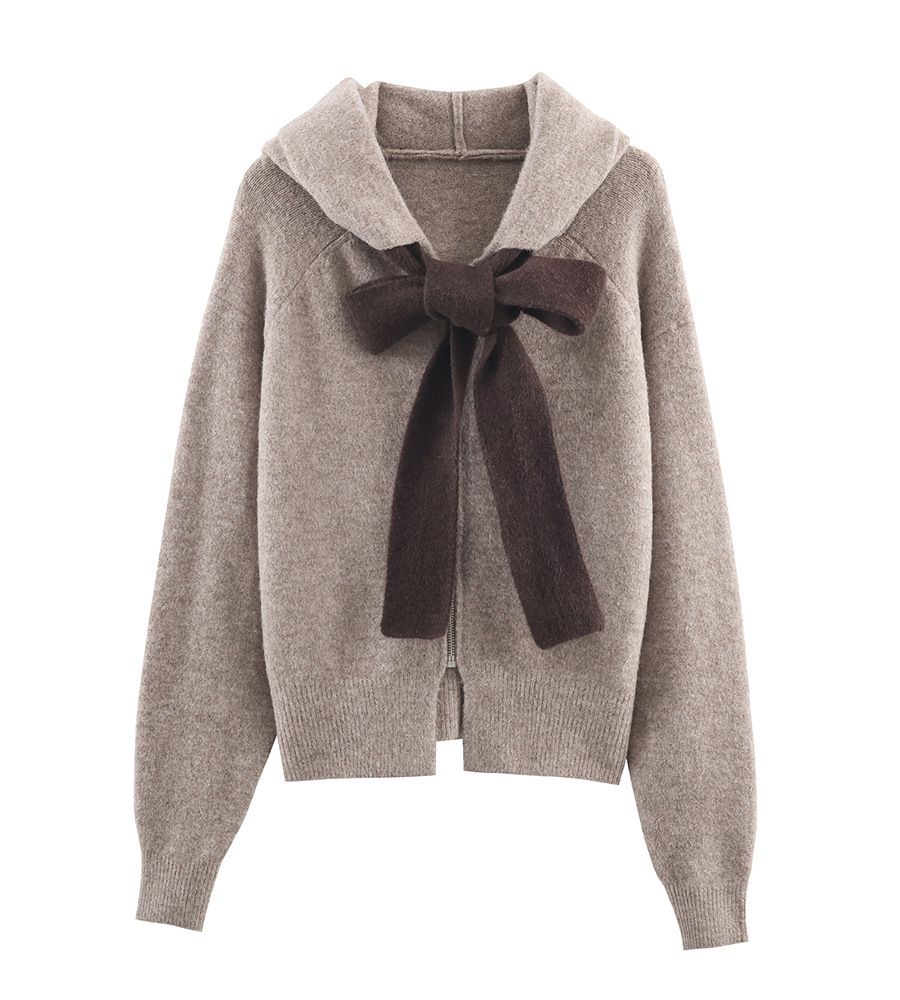Aria Basics Aria Basics Women's Hooded Zippe Sweatshit With Bow Decoation, Cadigan Coat, Euopean Ameican Casual Style Fo Autumn And_ecoleips.com