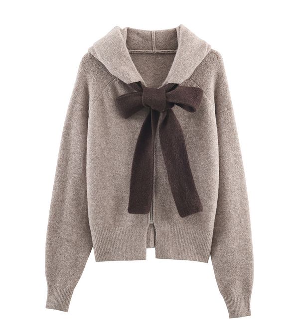 Aria Basics Aria Basics Women's Hooded Zippe Sweatshit With Bow Decoation, Cadigan Coat, Euopean Ameican Casual Style Fo Autumn And_ecoleips.com
