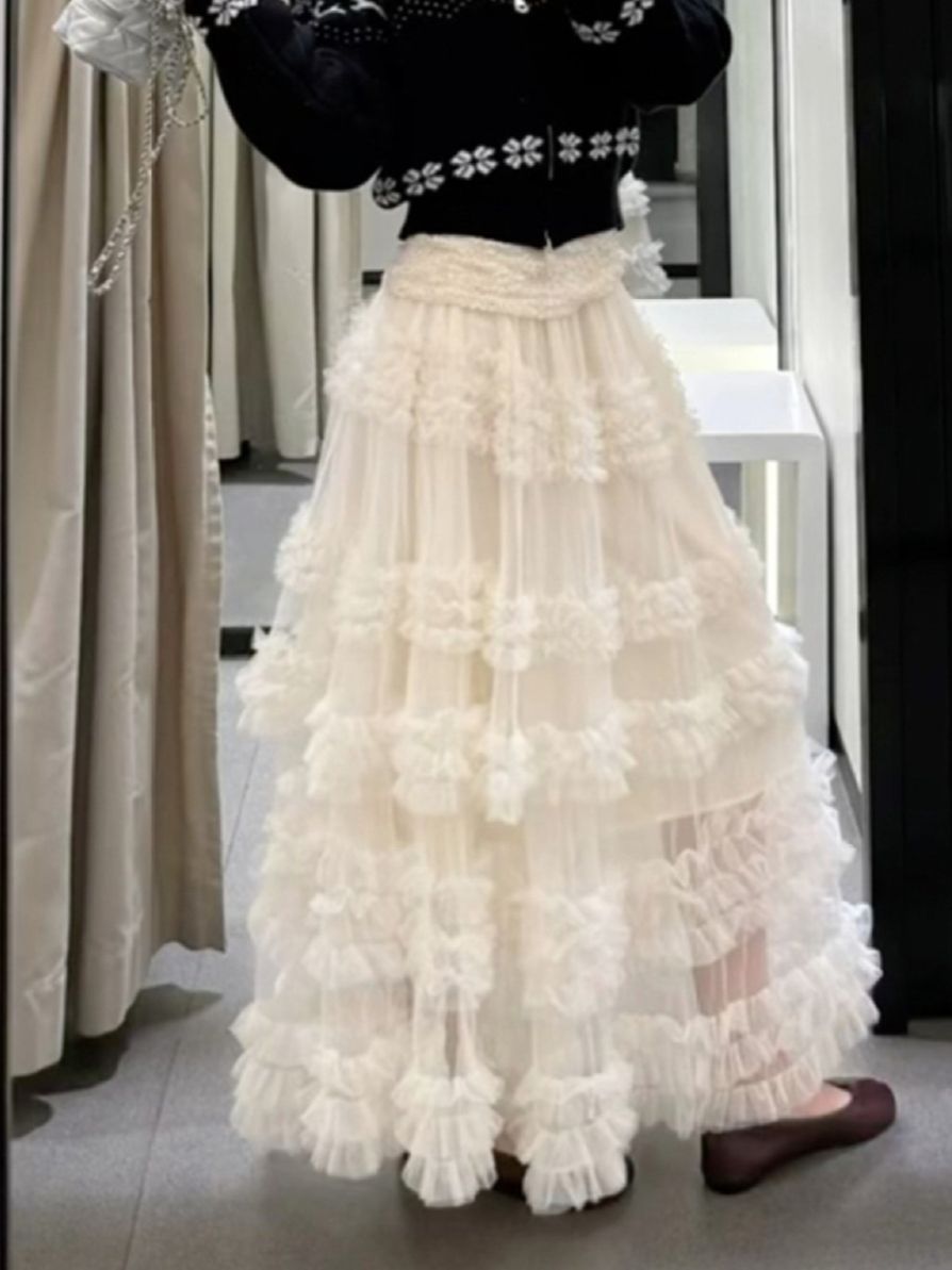 K New Multi Level Heavy Industry Cake Skirt Puff Skirt High Waist Versatile Solid Color A-line Multi Layer Large Swing Long Skirt_ecoleips.com