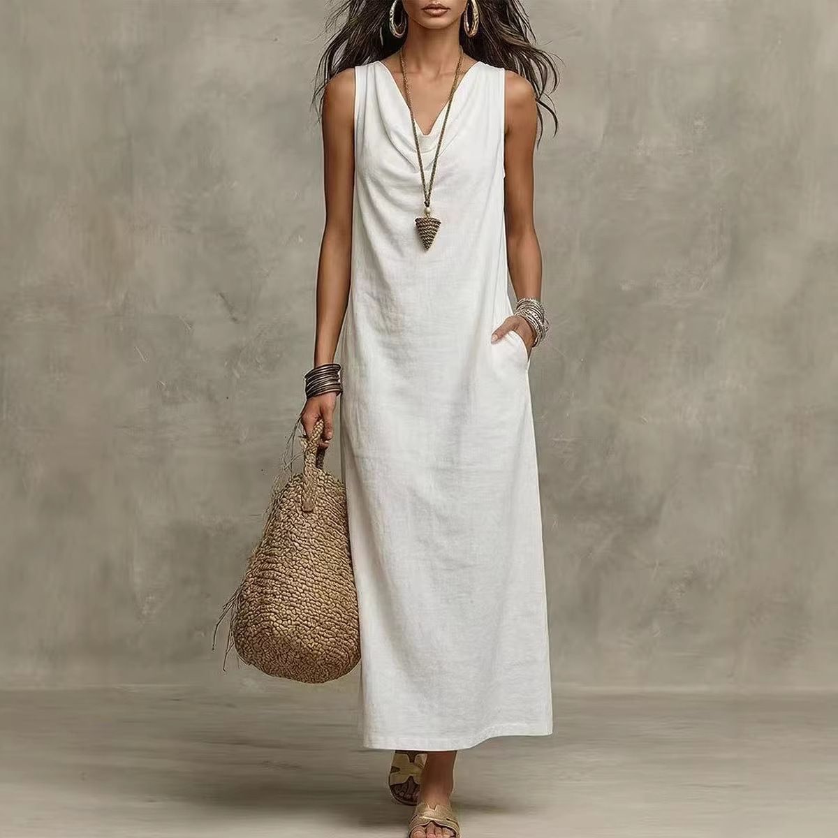 Summer Women's Sleeveless V Neck Long Dress Elegant_ecoleips.com