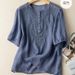 Short-Sleeved, Summer, Artistic, Retro, Loose Design, Embroidered Round-Neck, Thin Cotton And Linen Women's Top_ecoleips.com