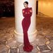 Women's High Neck Long Sleeve Skirt Floor Length Fishtail European American Style Padded Shoulders Gathered Hips_ecoleips.com