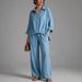 Women's Two Piece Set European American Style Relaxed Lapel V Neck Top High Waisted Drawstring Wide Leg Pants_ecoleips.com