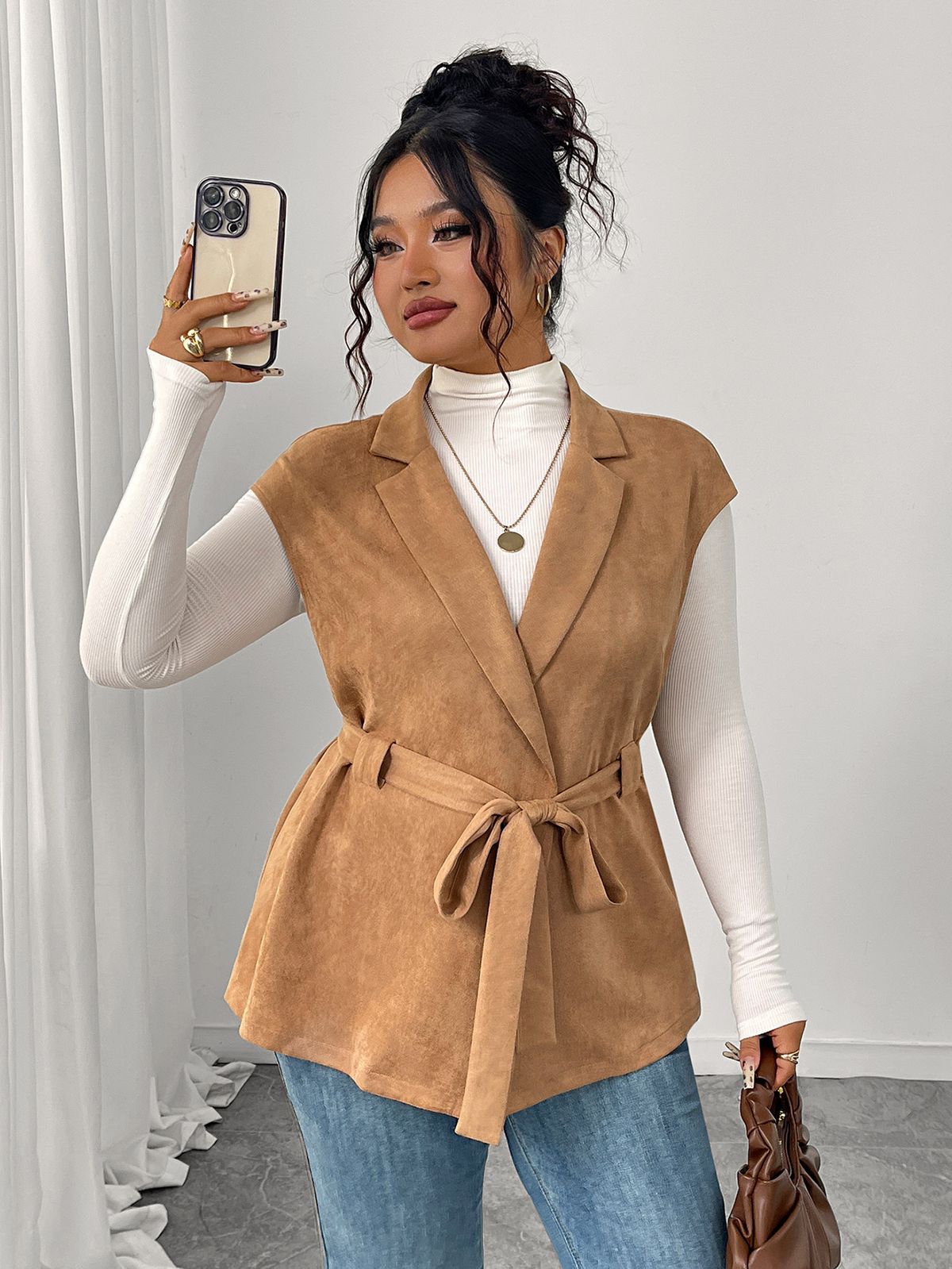 Women's Plus Size Loose Fit Sleeveless Layered Vest – Solid Color Tie Waist Outerwear For Autumn & Winter_ecoleips.com