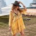 Women's Sexy V-Neck Lace Embroidered Beach Cover-Up Sun Protection Bikini Swimwear Sheer Mesh See-Through Sheer Long Sleeve Tunic_ecoleips.com