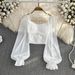 Chic Slim Fit Square Neck Chiffon Blouse Autumn French Retro Style Puff Sleeves Short Women's Top_ecoleips.com