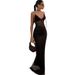 Sleeveless Mesh Panel Lace Trim Bodycon Dress - Elegant Tie-Waist Low Cut Evening Gown Flattering Bodycon Fit_ecoleips.com