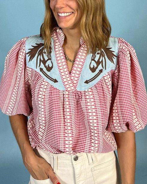European And American Cross-border Women's Fashion Embroidered Printed V-neck Short-sleeve Top Shirt_ecoleips.com