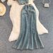 Fashionable V-Neck Bubble Sleeve Blouse With High-Waisted Denim Mermaid Skirt Set - Elegant Two-Piece Outfit For Women_ecoleips.com