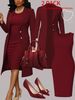 Plus Size Elegant Two Piece Suit Set Blazer And Fitted Sleeveless Dress Solid Color Spring/Autumn Wear_ecoleips.com