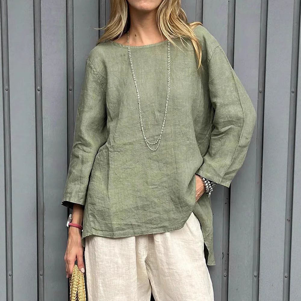 Linen-Blend Relaxed Fit Shirt – Oversized Boho Tunic Top With Roll-Up Sleeves (Sky Blue/Red/Mint/Yellow/White/Beige, Plus Size XXXL)_ecoleips.com