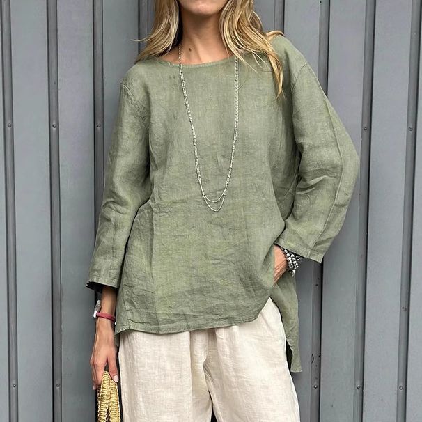 Linen-Blend Relaxed Fit Shirt – Oversized Boho Tunic Top With Roll-Up Sleeves (Sky Blue/Red/Mint/Yellow/White/Beige, Plus Size XXXL)_ecoleips.com