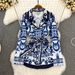 Fashion Suit For Women With Blazer Collar, Celadon Print, Waist-Cinching Shirt, Two-Piece Set, Casual High-Waisted_ecoleips.com