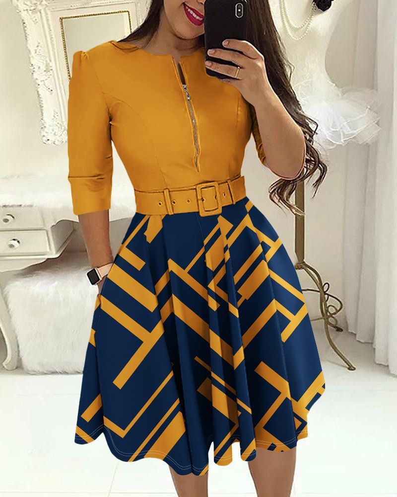 Women's Clothing Women's Round Neck Printed Belt Dress Autumn Winter Casual Fashion Commuter Style Female Clothing_ecoleips.com