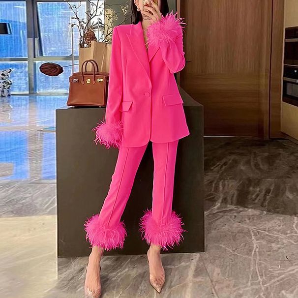 Women's clothing Internet celebrity style ostrich feather stitching suit two-piece suit temperament dress women's style trousers_ecoleips.com