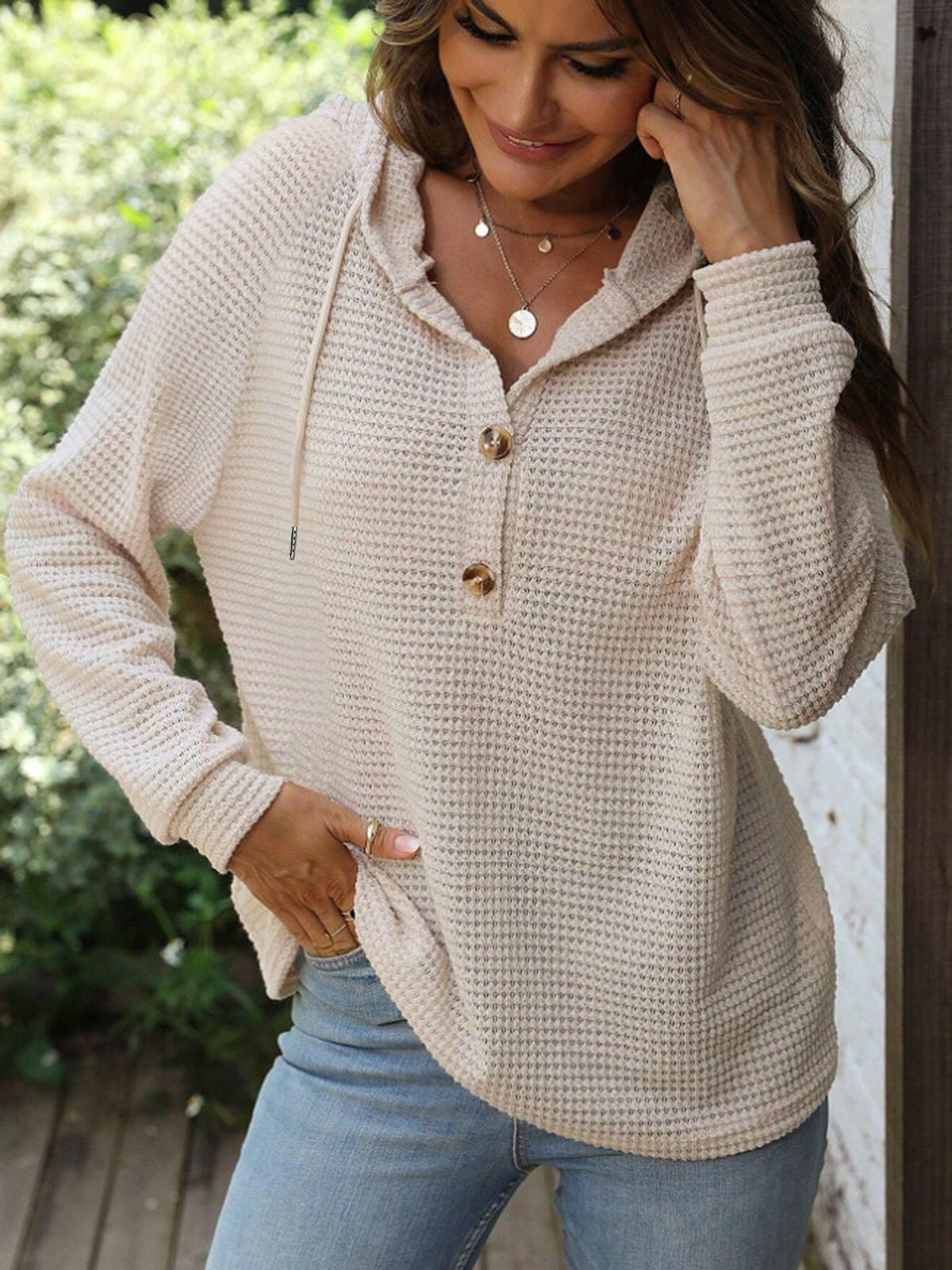 Women's Autumn/Winter Solid-Color Hoodie Long Sweatshirt With Buttoned Collar And Loose Fit_ecoleips.com