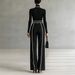Autumn Winter Two Piece Set Women's Elegant Stand Up Collar Long Sleeve Knit Top Wide Leg Pants Contrast Color Slimming Waist_ecoleips.com