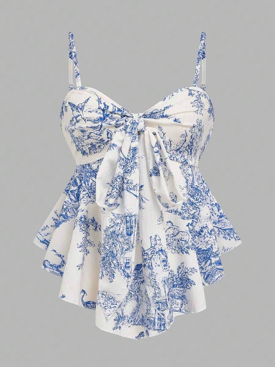 Women's Clothing Plus Size Clothes Summer Vacation Camisole Sexy Printed Sleeveless Irregular Hem American Style Top_ecoleips.com
