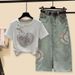 Women's Retro Outfit - Embroidered Denim Skirt With Print Blouse, Vintage Oriental Two-Piece Set Cultural Fusion_ecoleips.com