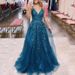 Women’s Clothing Glitter Tulle Ball Gown Women's Lace Applique Long Ball Gown with Spaghetti Straps A Line_ecoleips.com