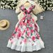Women's Clothing Elegant Dress Ruffled V Neck Slim Waist Printed Long Skirt_ecoleips.com