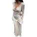 Women's Clothing Satin Fishtail Maxi Dress V Neck Bell Sleeve Lace Trimmed Style Spring Summer For Formal & Casual_ecoleips.com