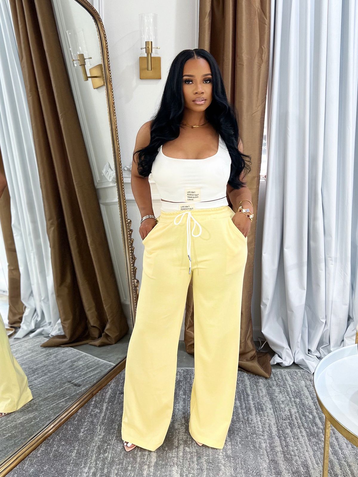 Women's Clothing Fashion Design Label Sports Vest Women's High Waist Drawstring Wide Leg Pants Suit_ecoleips.com