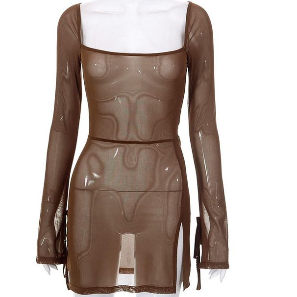 Women's Clothing Dress Mesh See Through Long Sleeve Short Sexy U Collar_ecoleips.com