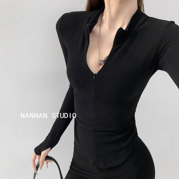 French-style High-end Gray Design, Stand-up Collar Top And Slightly Flared Pants, Slim-fit Two-piece Set, New Casual_ecoleips.com